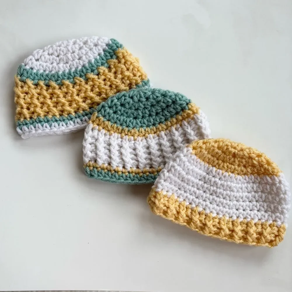 Newborn Baby Crochet Hat Set of 3 Yellow Grey Mint Green 0-3
